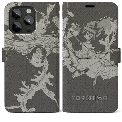 【鳥沢（山梨県）】地図柄iPhoneケース（手帳タイプ）モノトーン・iPhone 15 Pro Max 用