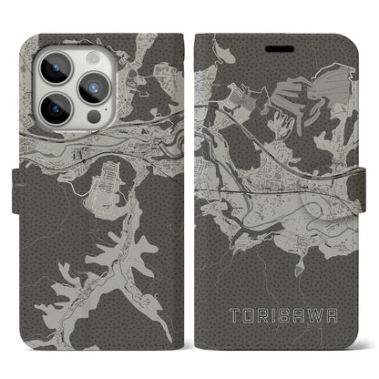 【鳥沢（山梨県）】地図柄iPhoneケース（手帳タイプ）モノトーン・iPhone 15 Pro 用