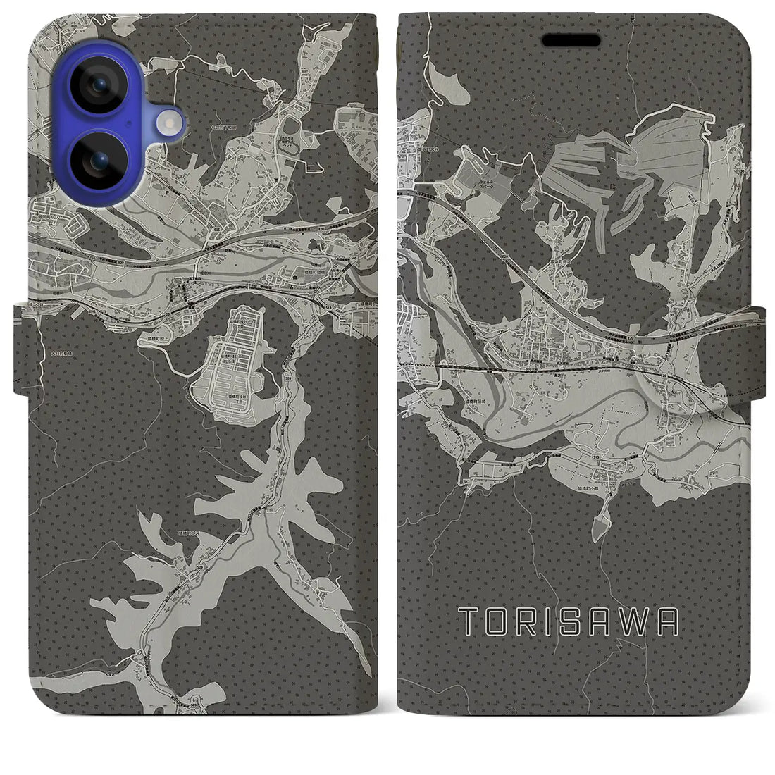 【鳥沢(山梨県)】地図柄iPhoneケース(手帳タイプ)モノトーン・iPhone 16 Pro Max 用