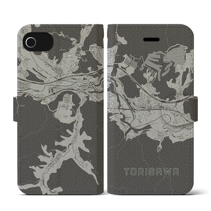 【鳥沢（山梨県）】地図柄iPhoneケース（手帳タイプ）モノトーン・iPhone SE（第3 / 第2世代） / 8 / 7 / 6s / 6 用