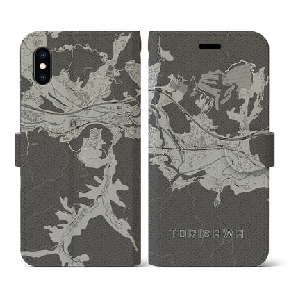【鳥沢（山梨県）】地図柄iPhoneケース（手帳タイプ）モノトーン・iPhone XS / X 用