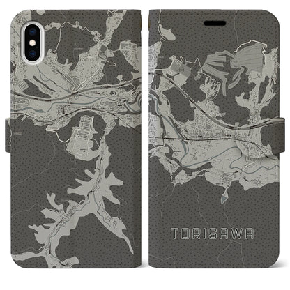 【鳥沢（山梨県）】地図柄iPhoneケース（手帳タイプ）モノトーン・iPhone XS Max 用