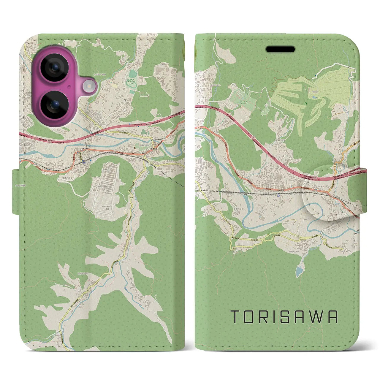 【鳥沢（山梨県）】地図柄iPhoneケース（手帳タイプ）ナチュラル・iPhone 16 Pro 用