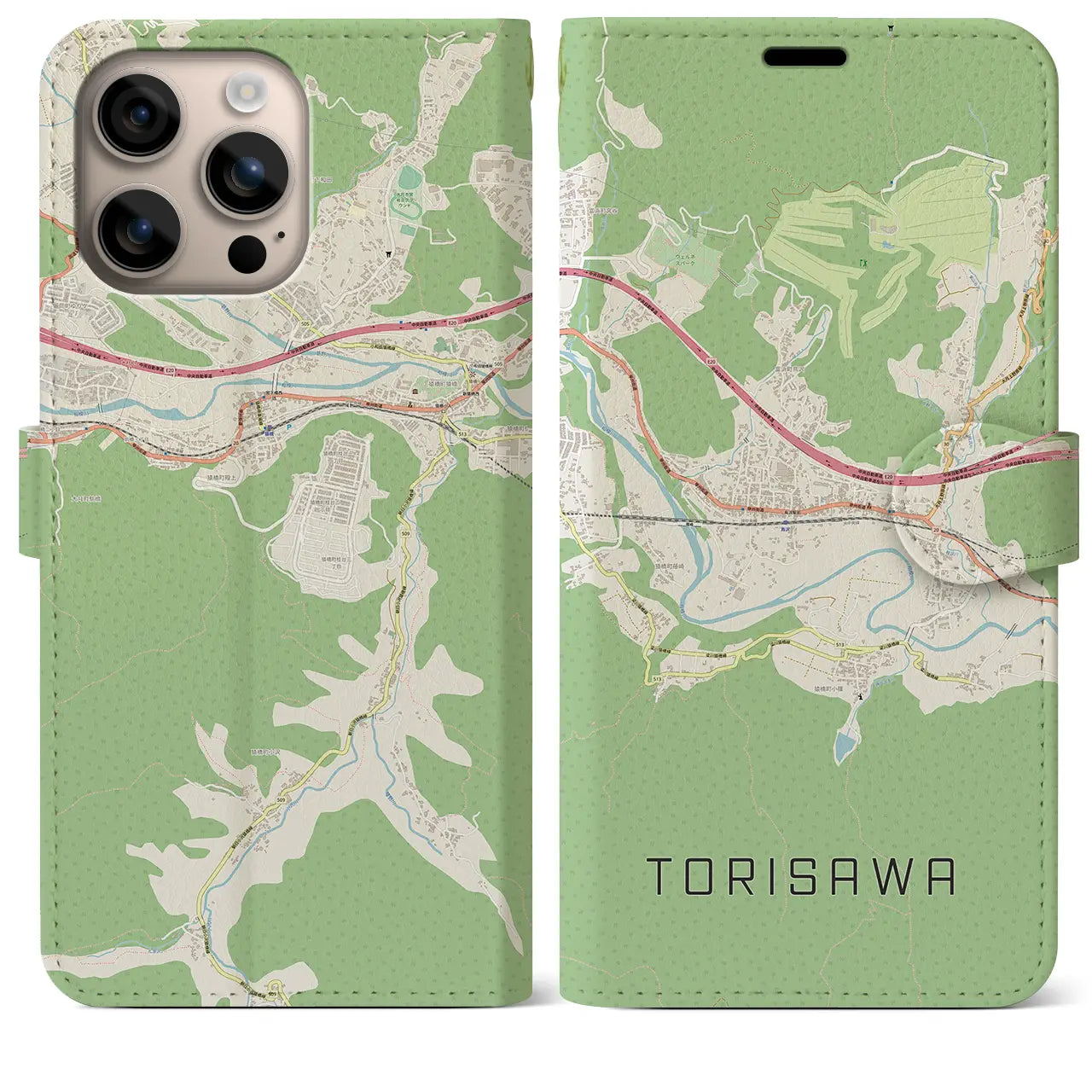 【鳥沢（山梨県）】地図柄iPhoneケース（手帳タイプ）ナチュラル・iPhone 16 Plus 用