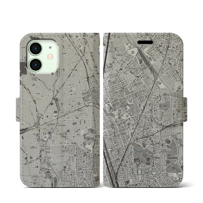【土呂（埼玉県）】地図柄iPhoneケース（手帳タイプ）モノトーン・iPhone 12 mini 用