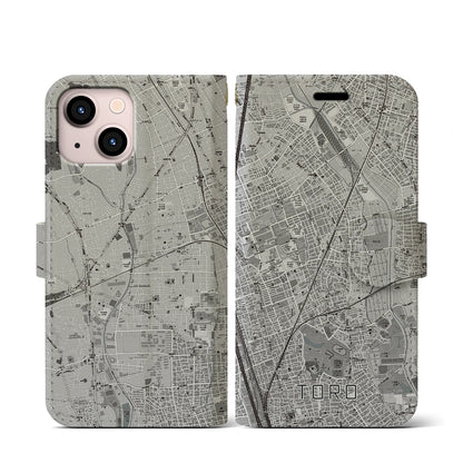 【土呂（埼玉県）】地図柄iPhoneケース（手帳タイプ）モノトーン・iPhone 13 mini 用