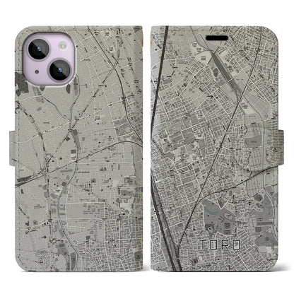 【土呂（埼玉県）】地図柄iPhoneケース（手帳タイプ）モノトーン・iPhone 14 用