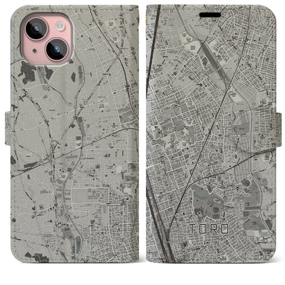 【土呂（埼玉県）】地図柄iPhoneケース（手帳タイプ）モノトーン・iPhone 15 Plus 用