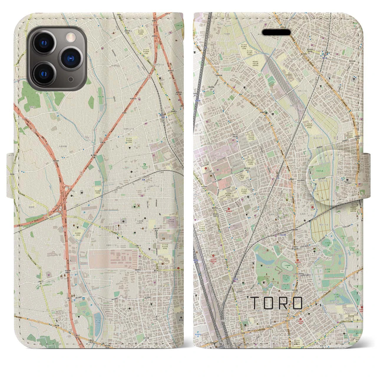 【土呂】地図柄iPhoneケース（手帳両面タイプ・ナチュラル）iPhone 11 Pro Max 用