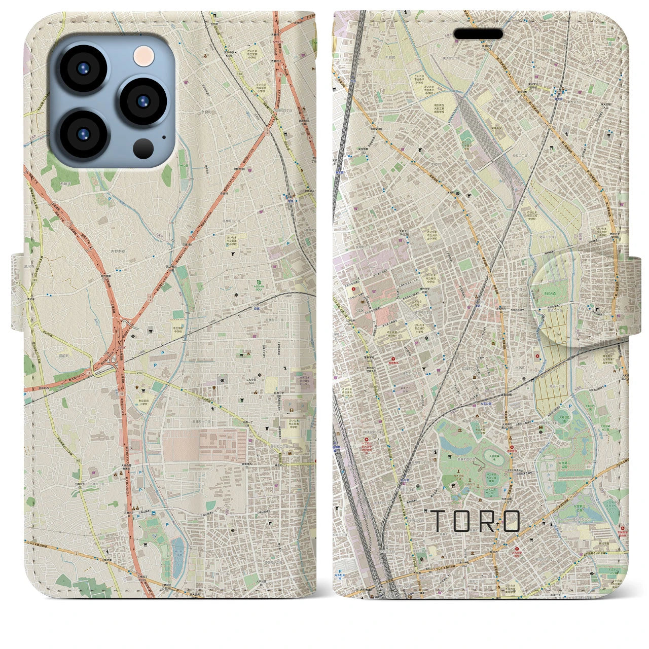 【土呂】地図柄iPhoneケース（手帳両面タイプ・ナチュラル）iPhone 13 Pro Max 用