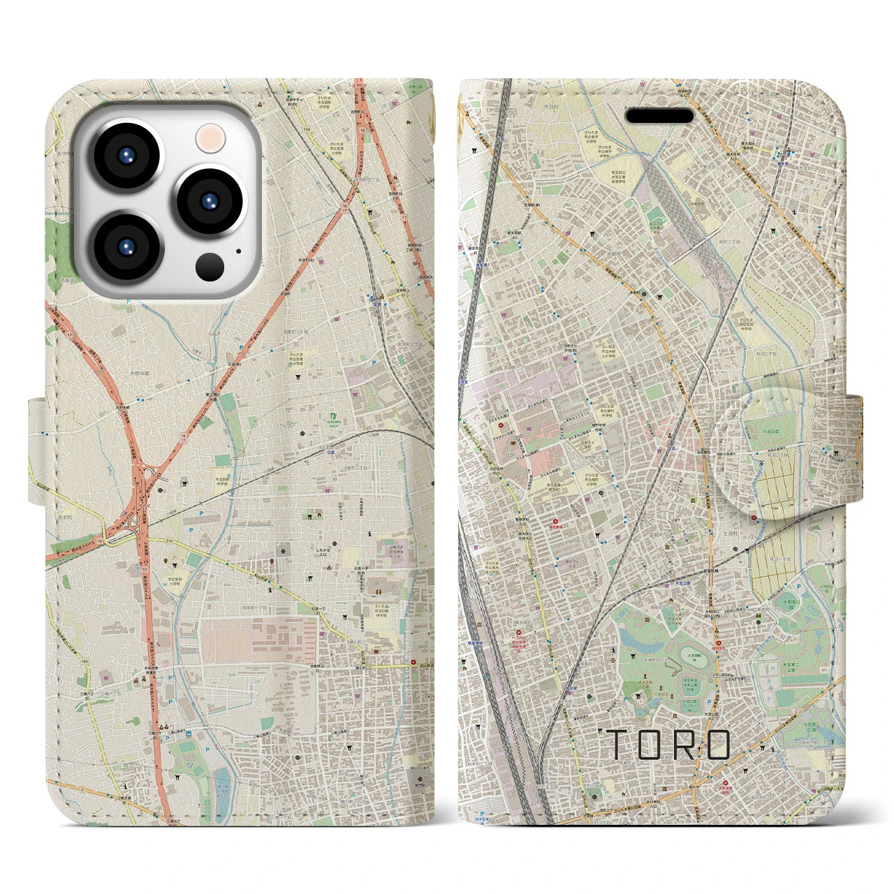 【土呂】地図柄iPhoneケース（手帳両面タイプ・ナチュラル）iPhone 13 Pro 用