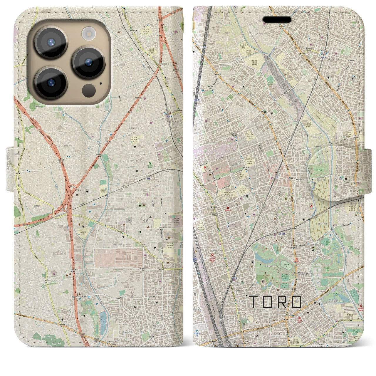 【土呂】地図柄iPhoneケース（手帳両面タイプ・ナチュラル）iPhone 14 Pro Max 用