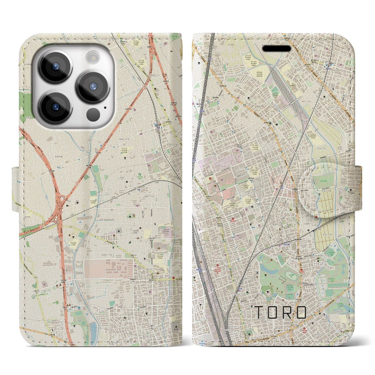 【土呂】地図柄iPhoneケース（手帳両面タイプ・ナチュラル）iPhone 14 Pro 用