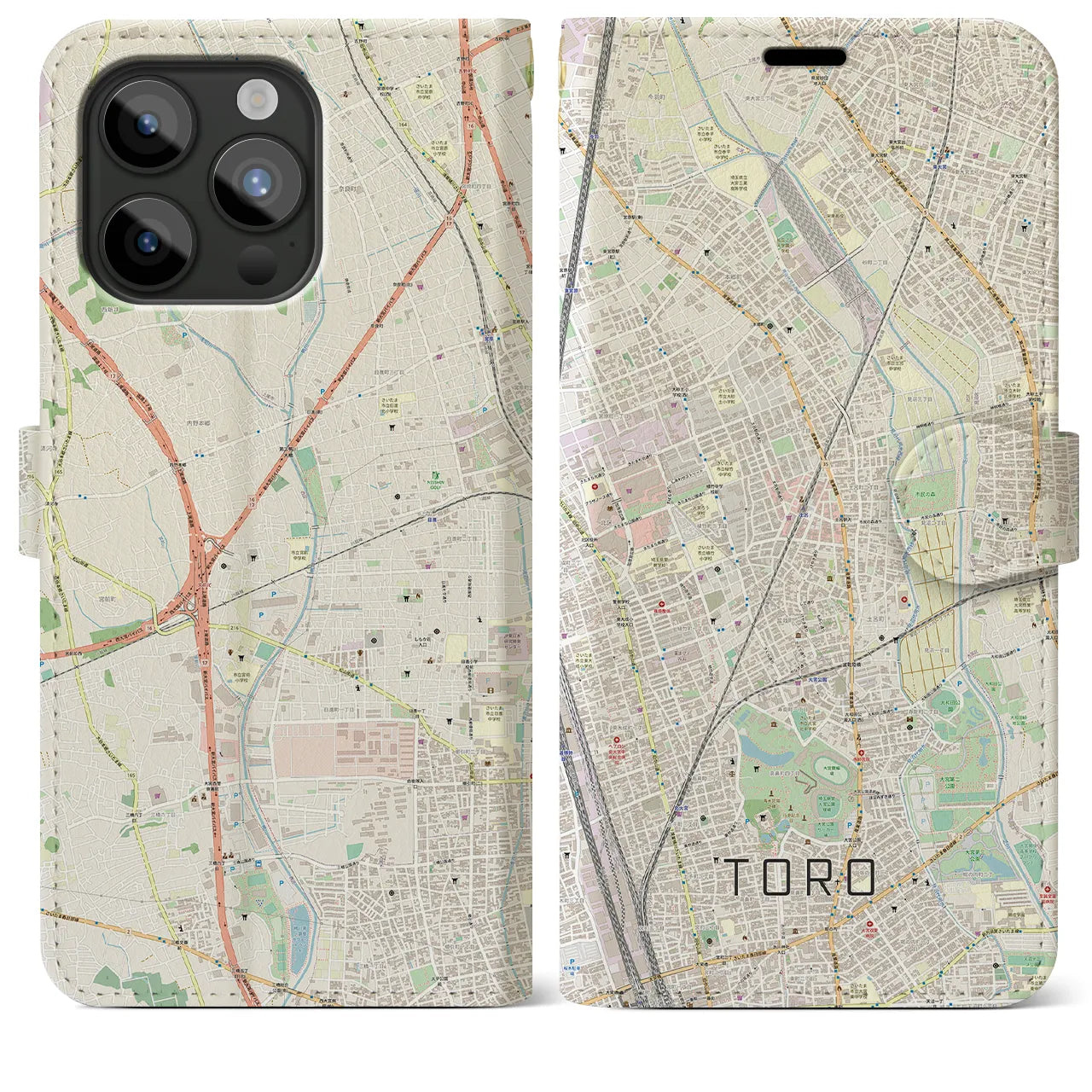 【土呂】地図柄iPhoneケース（手帳両面タイプ・ナチュラル）iPhone 15 Pro Max 用