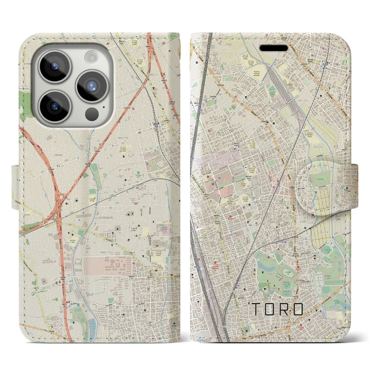 【土呂】地図柄iPhoneケース（手帳両面タイプ・ナチュラル）iPhone 15 Pro 用