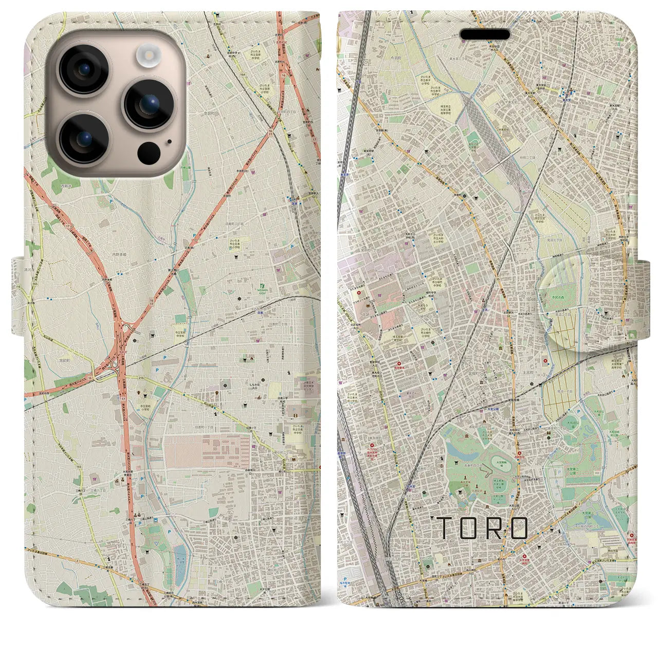 【土呂（埼玉県）】地図柄iPhoneケース（手帳タイプ）ナチュラル・iPhone 16 Plus 用