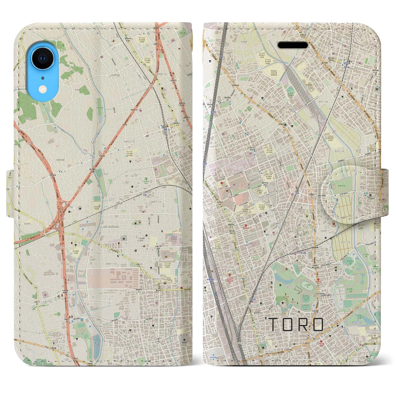 【土呂】地図柄iPhoneケース（手帳両面タイプ・ナチュラル）iPhone XR 用