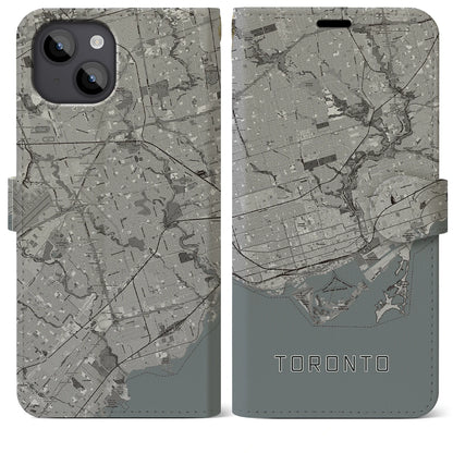 【トロント（カナダ）】地図柄iPhoneケース（手帳タイプ）モノトーン・iPhone 14 Plus 用