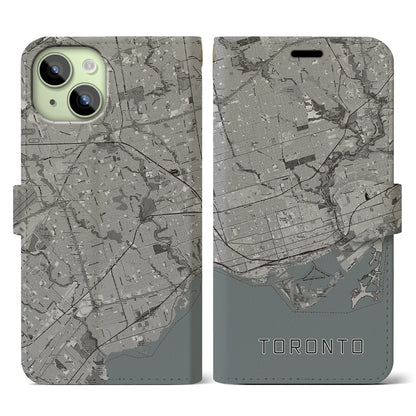 【トロント（カナダ）】地図柄iPhoneケース（手帳タイプ）モノトーン・iPhone 15 用