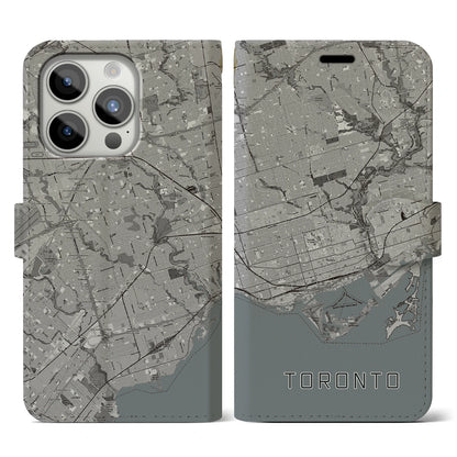 【トロント（カナダ）】地図柄iPhoneケース（手帳タイプ）モノトーン・iPhone 15 Pro 用