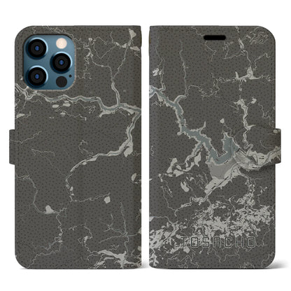 【土佐町（高知県）】地図柄iPhoneケース（手帳タイプ）モノトーン・iPhone 12 / 12 Pro 用
