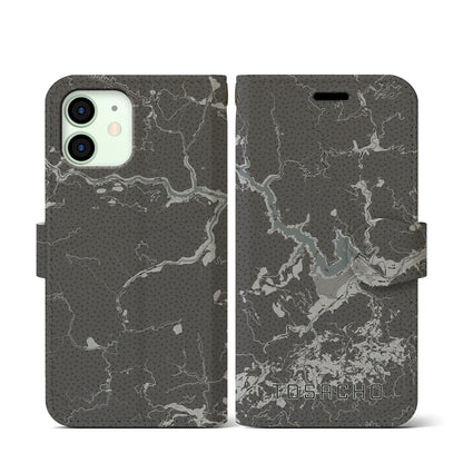 【土佐町（高知県）】地図柄iPhoneケース（手帳タイプ）モノトーン・iPhone 12 mini 用