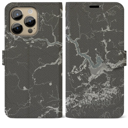 【土佐町（高知県）】地図柄iPhoneケース（手帳タイプ）モノトーン・iPhone 14 Pro Max 用