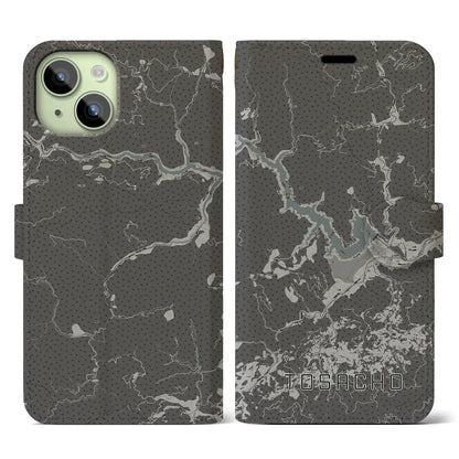 【土佐町（高知県）】地図柄iPhoneケース（手帳タイプ）モノトーン・iPhone 15 用