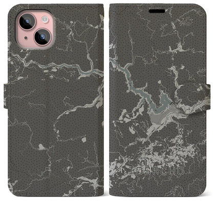 【土佐町（高知県）】地図柄iPhoneケース（手帳タイプ）モノトーン・iPhone 15 Plus 用