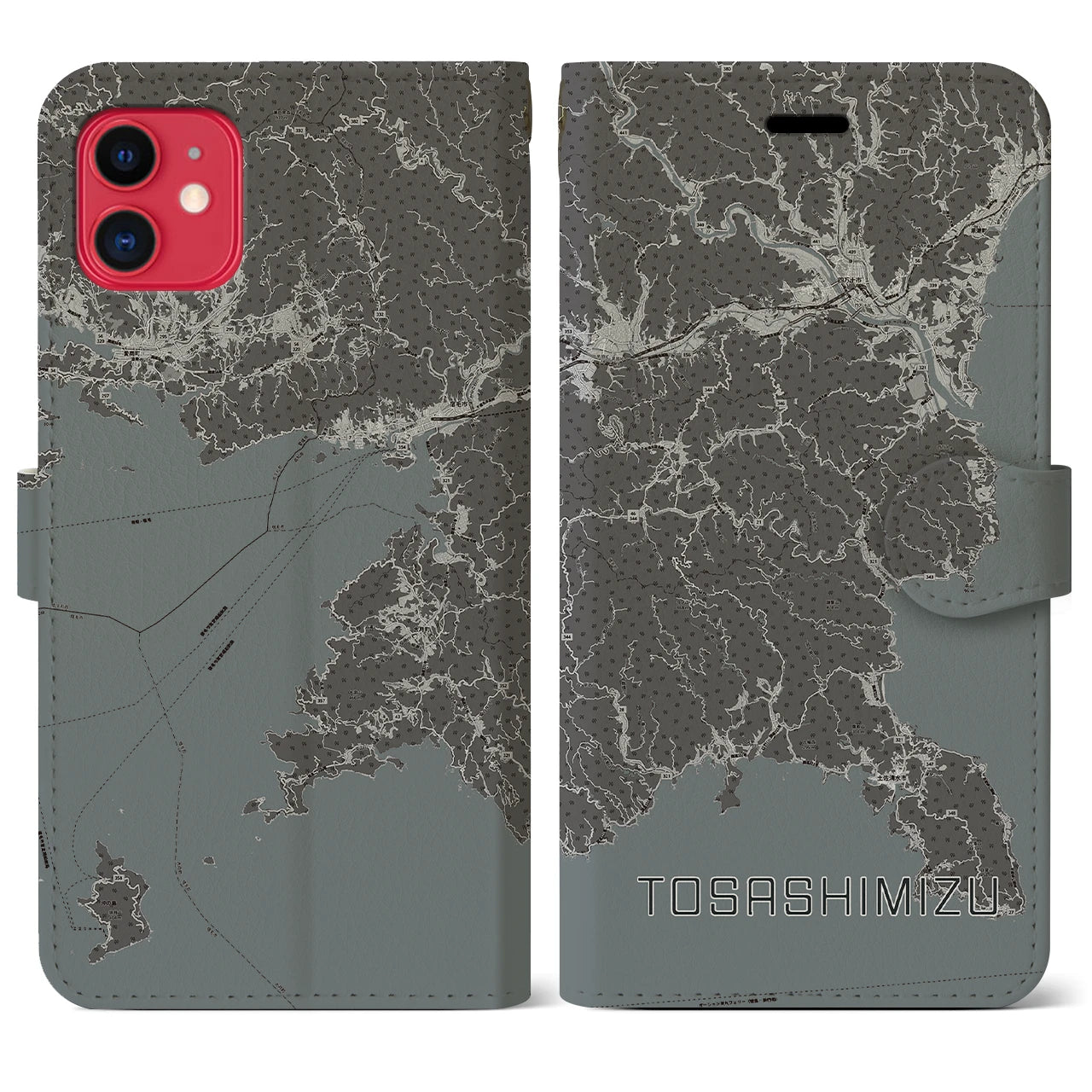 【土佐清水】地図柄iPhoneケース（手帳両面タイプ・モノトーン）iPhone 11 用