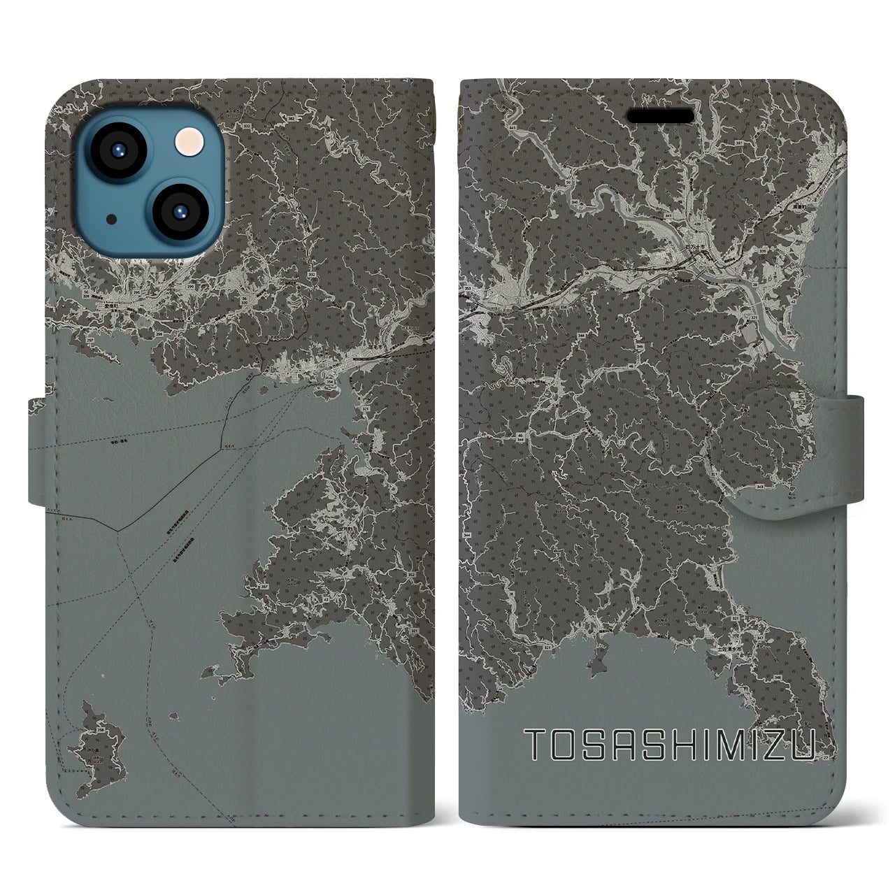 【土佐清水】地図柄iPhoneケース（手帳両面タイプ・モノトーン）iPhone 13 用