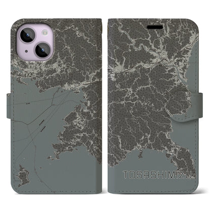 【土佐清水（高知県）】地図柄iPhoneケース（手帳タイプ）モノトーン・iPhone 14 用