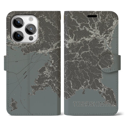【土佐清水（高知県）】地図柄iPhoneケース（手帳タイプ）モノトーン・iPhone 14 Pro 用