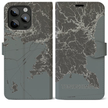 【土佐清水（高知県）】地図柄iPhoneケース（手帳タイプ）モノトーン・iPhone 15 Pro Max 用