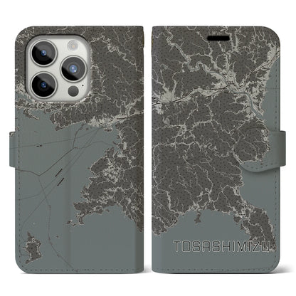 【土佐清水（高知県）】地図柄iPhoneケース（手帳タイプ）モノトーン・iPhone 15 Pro 用