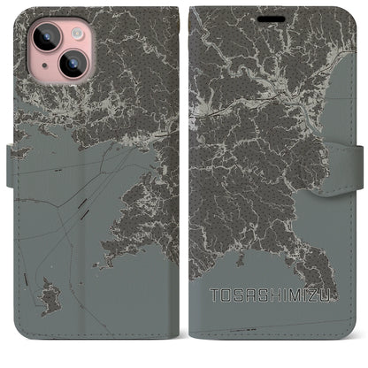 【土佐清水（高知県）】地図柄iPhoneケース（手帳タイプ）モノトーン・iPhone 15 Plus 用