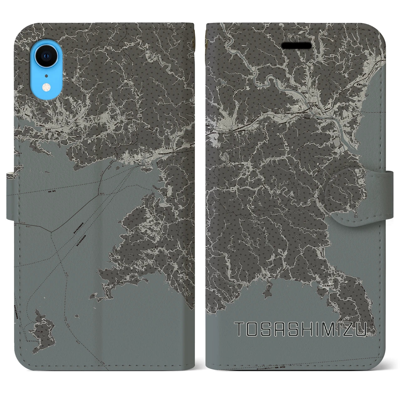 【土佐清水】地図柄iPhoneケース（手帳両面タイプ・モノトーン）iPhone XR 用