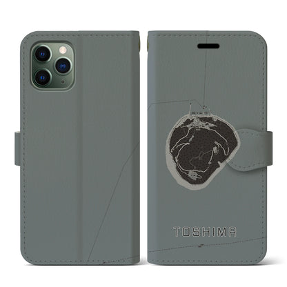 【利島（東京都）】地図柄iPhoneケース（手帳タイプ）モノトーン・iPhone 11 Pro 用