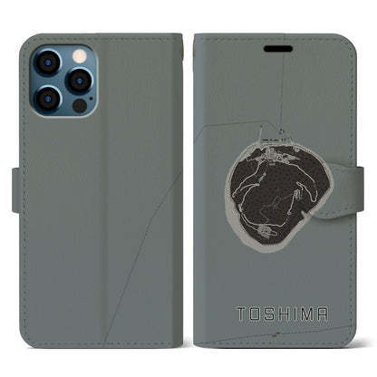 【利島（東京都）】地図柄iPhoneケース（手帳タイプ）モノトーン・iPhone 12 / 12 Pro 用