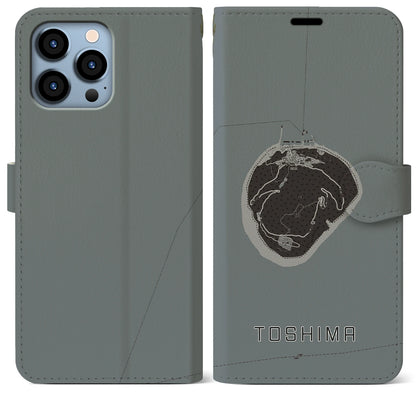 【利島（東京都）】地図柄iPhoneケース（手帳タイプ）モノトーン・iPhone 13 Pro Max 用