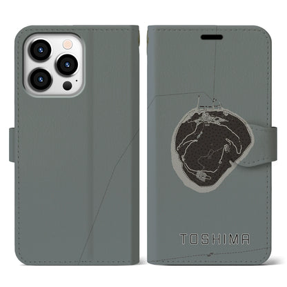 【利島（東京都）】地図柄iPhoneケース（手帳タイプ）モノトーン・iPhone 13 Pro 用