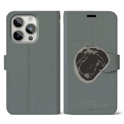 【利島（東京都）】地図柄iPhoneケース（手帳タイプ）モノトーン・iPhone 15 Pro 用