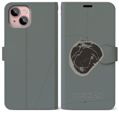 【利島（東京都）】地図柄iPhoneケース（手帳タイプ）モノトーン・iPhone 15 Plus 用