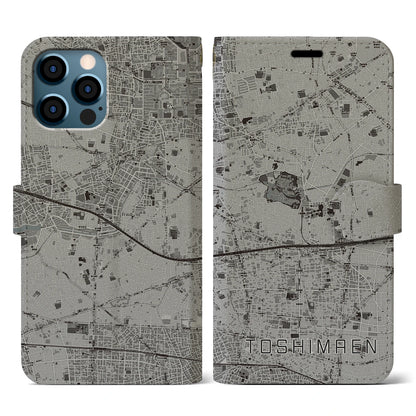 【豊島園（東京都）】地図柄iPhoneケース（手帳タイプ）モノトーン・iPhone 12 / 12 Pro 用