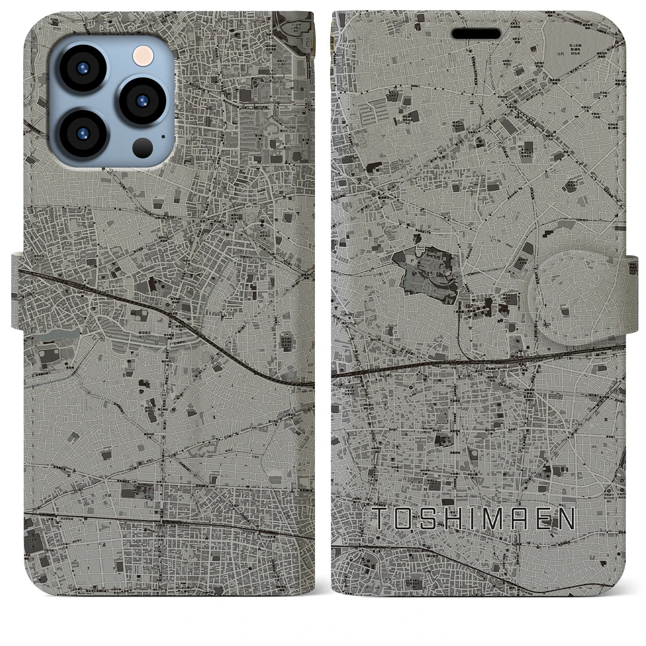 【豊島園】地図柄iPhoneケース（手帳両面タイプ・モノトーン）iPhone 13 Pro Max 用