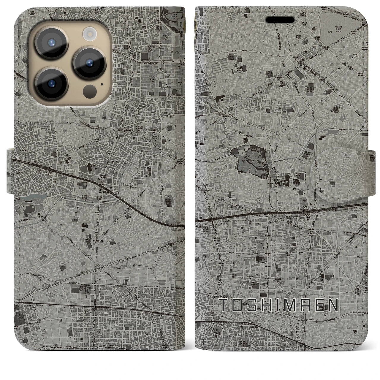 【豊島園】地図柄iPhoneケース（手帳両面タイプ・モノトーン）iPhone 14 Pro Max 用