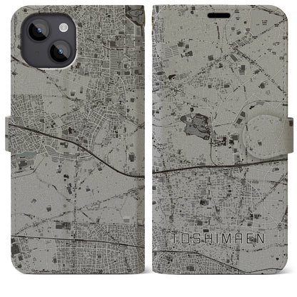 【豊島園（東京都）】地図柄iPhoneケース（手帳タイプ）モノトーン・iPhone 14 Plus 用