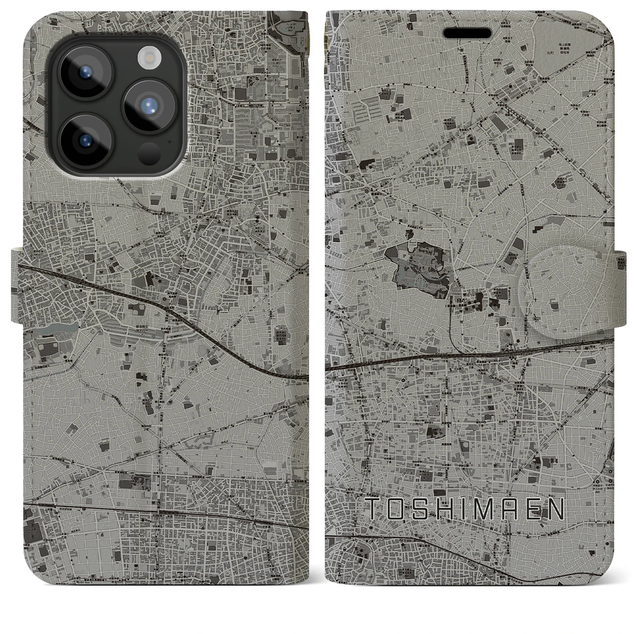 【豊島園】地図柄iPhoneケース（手帳両面タイプ・モノトーン）iPhone 15 Pro Max 用