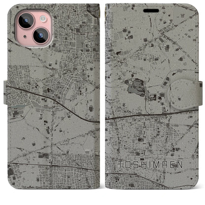 【豊島園（東京都）】地図柄iPhoneケース（手帳タイプ）モノトーン・iPhone 15 Plus 用