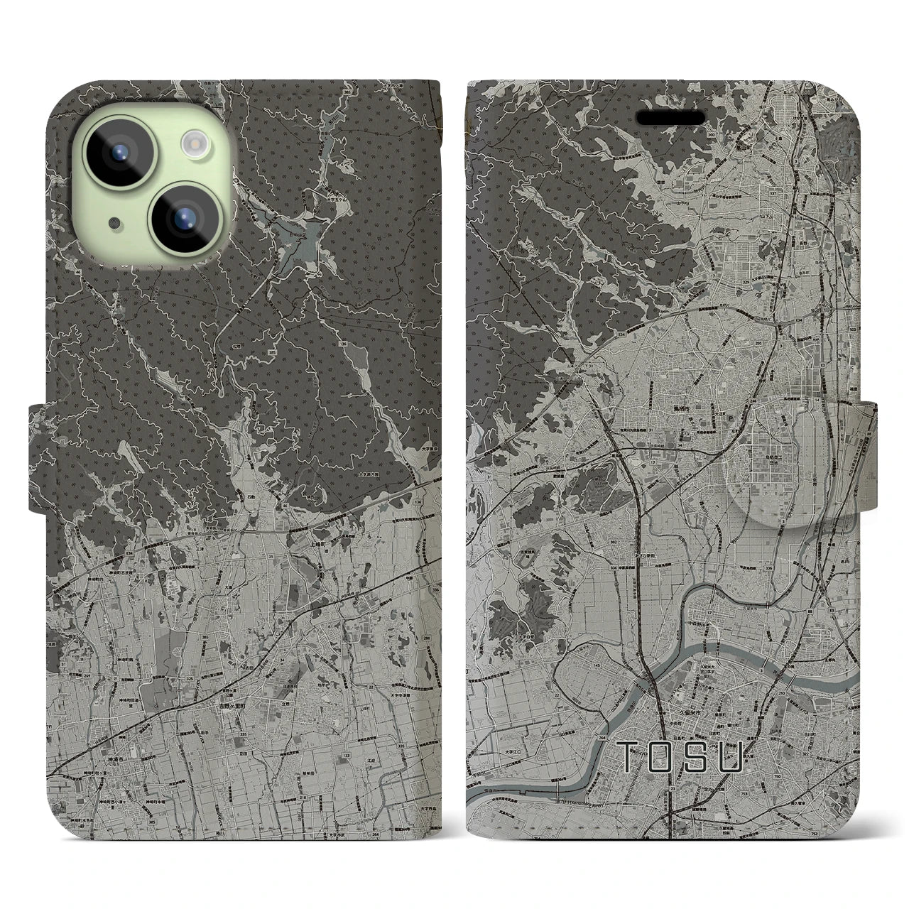 【鳥栖】地図柄iPhoneケース（手帳両面タイプ・モノトーン）iPhone 15 用